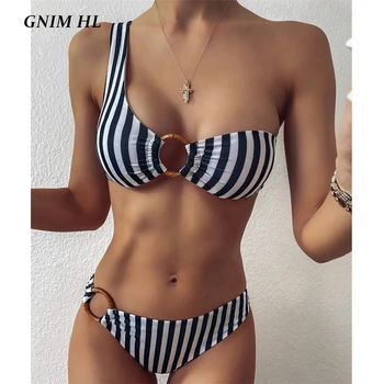 

GNIM Sexy One Shoulder Swimwear Women Push Up Stripe Bikini Set 2020 Two Pieces Triangle Bandeau Brazilian Swimsuit Female New