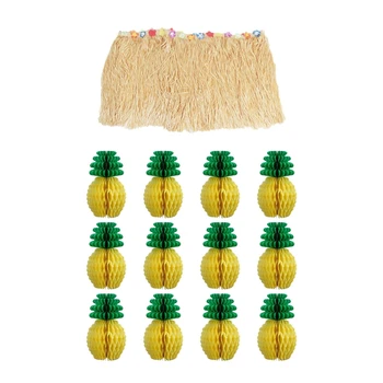 

1 Pcs Hawaiian Beige Flower Grass Table Skirt & 12 Pcs Pineapple Honeycomb Centerpieces Tissue Paper Pineapple 8 Inch