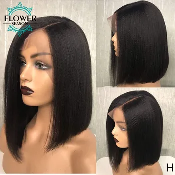 

Yaki Straight Short Bob Human Hair Wigs With Baby Hair 13*6 Lace Front Wig Brazilian for Women PrePlucked Remy 130% Flowerseason