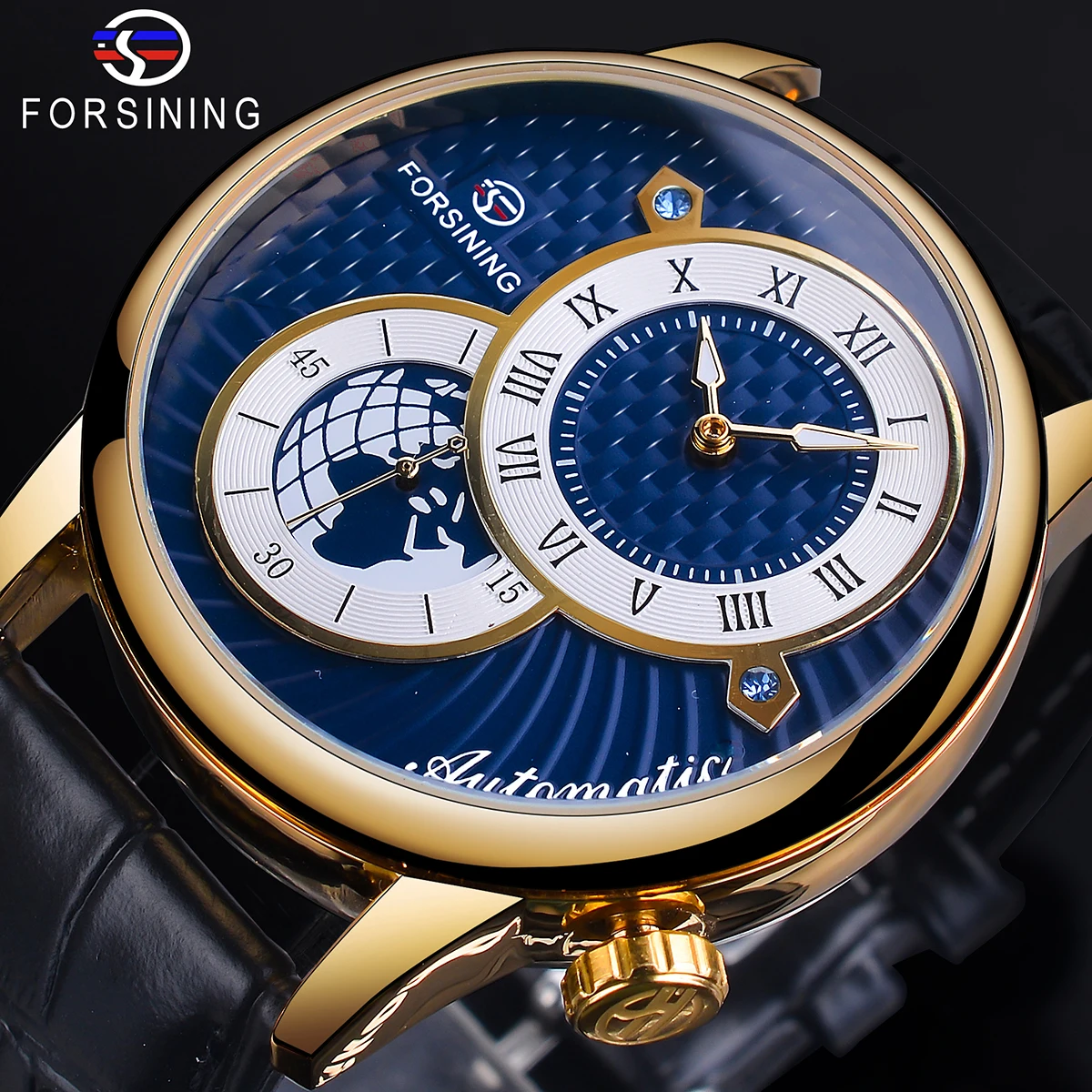 

Forsining Hemisphere Dial Design Automatic Watch Waterproof Blue Black Luminous Hand Mechanical Watch Genuine Leather Band Clcok