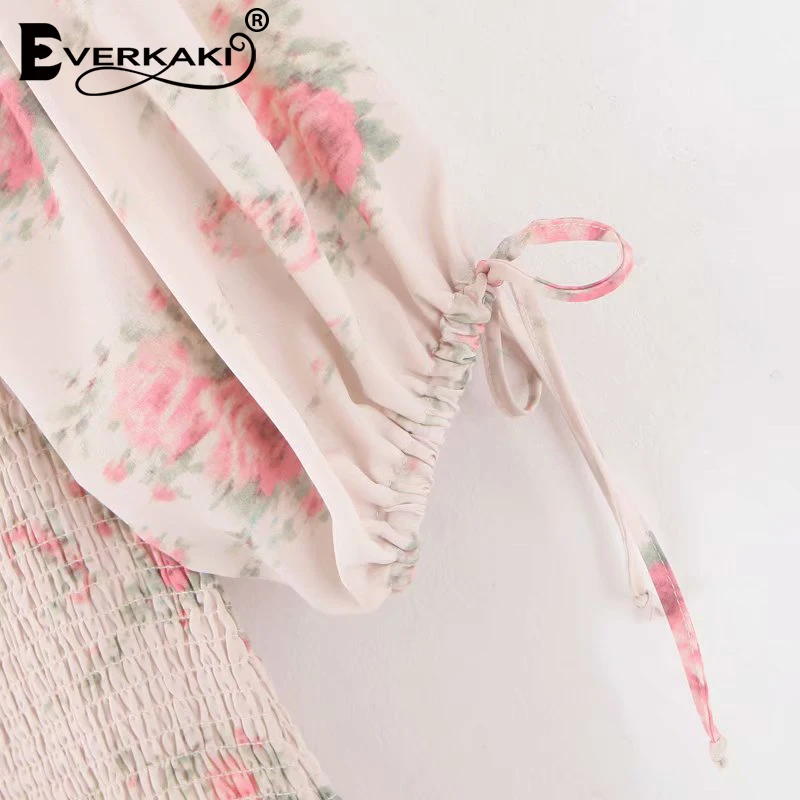 Everkaki мини платье женское Бохо цветочный принт оборки эластичные Vestidos Элегантные женские шикарные короткие платья женские Осень новинка