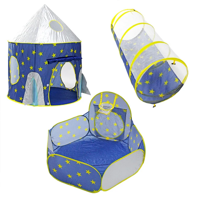 Children's 3 In 1 Tent Spaceship Space Wigwam Yurt Tent Game House Rocket Ship Tent Toy Ball Pool Ocean Ball Holder Set 2