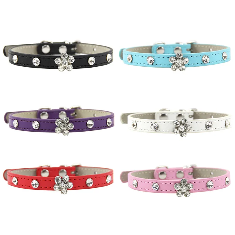 Bling Стразы Pet Ошейники для кошек щенков регулируемый кожаный цветок ошейник