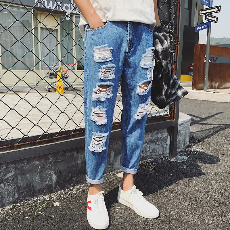 Брендовые мужские джинсы, летняя одежда с дырками из высококачественного хлопка, мужские облегающие джинсы до щиколотки размера плюс 28-42, рваные джинсы для мужчин