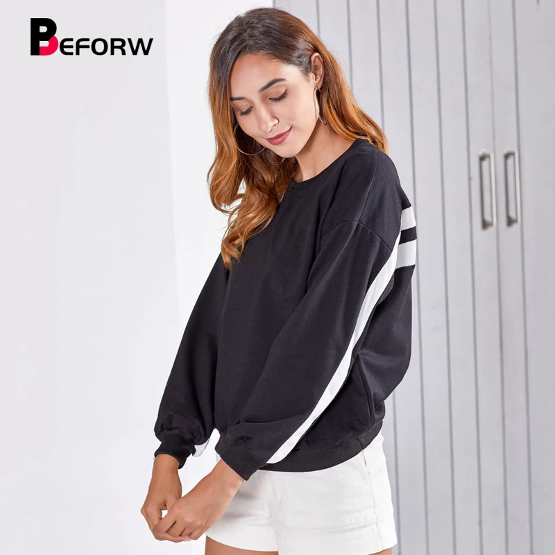 BEFORW модные новые женские зимние полосатые толстовки свободные с круглым вырезом с длинным рукавом Теплые черные толстовки женские повседневные толстовки
