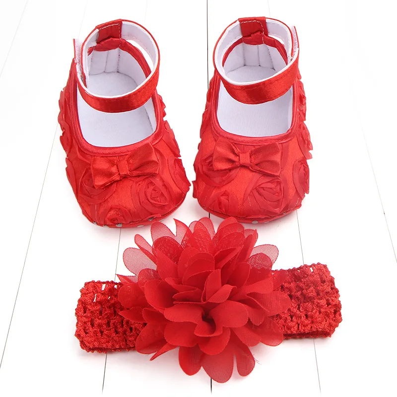 red flower Мокасины; детская обувь с повязка на голову для новорожденных девочек; кожаные кроссовки с цветком; повязка на голову; Красная кожаная подошва для маленьких девочек - Цвет: red flower