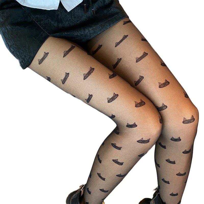 MXMA Women Sexy Gothic Punk Transparent Pantyhose Kawaii Cartoon Black Cat Patterned Sheer Tights Jacquard Lolita Stockings | Женская