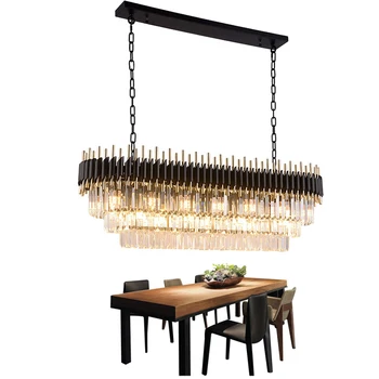 

Luxury Rectangular Crystal Chandelier Lighting Led Black Indoor Ceiling Hanging Lamp for living room dining room kitchen island