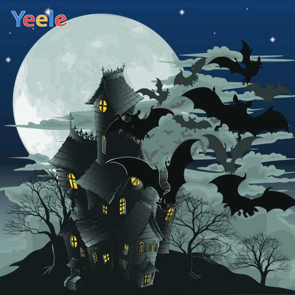 

Yeele Halloween Backdrop Castle Bat Tombstone Moon Night Trick Or Treat Customized Vinyl Photography Background For Photo Studio