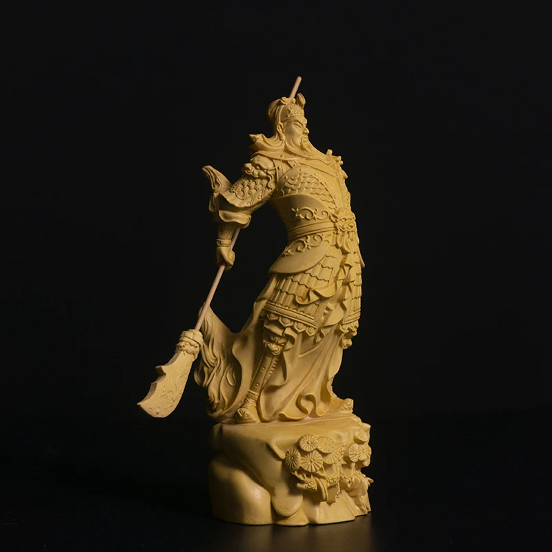 16 см Guan Yu Boxwood Скульптура Фэн Шуй настоящая деревянная статуя Гуань Гун три