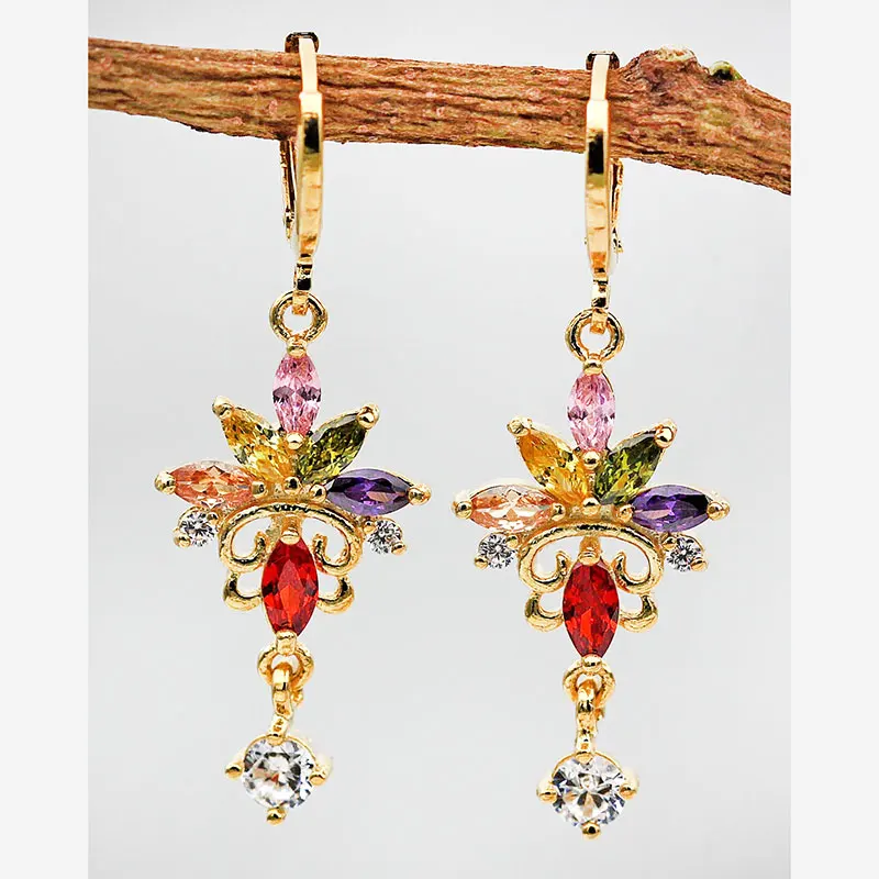 Indian Jewelry Women Dangle Earrings Vocation Bohemia Style Multiple-color Zircon Flower Gold OBS1123 | Украшения и аксессуары