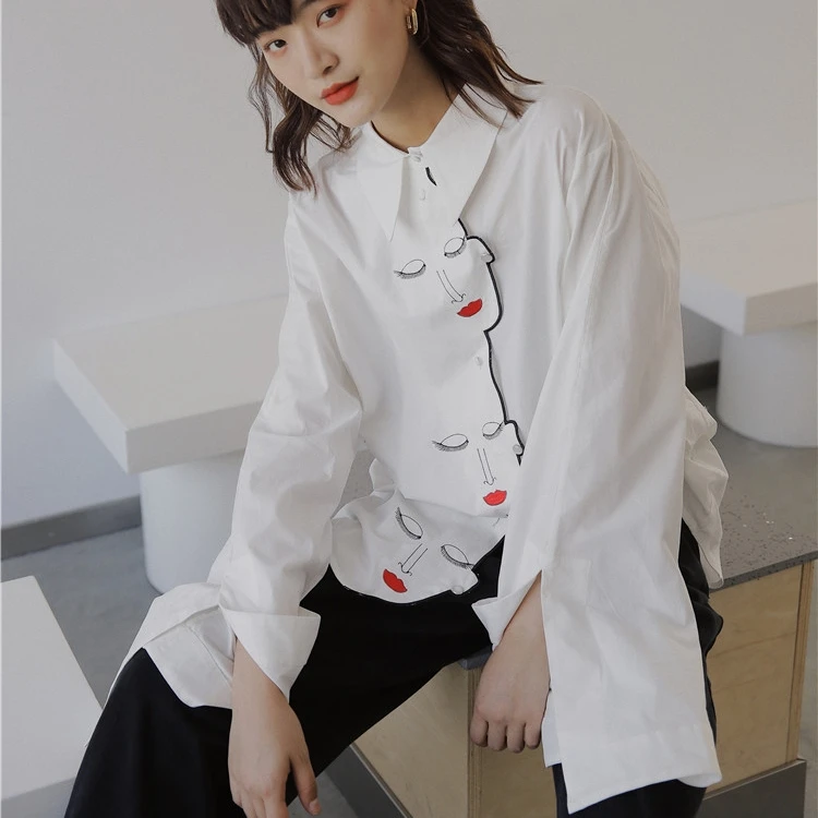 Осенняя женская рубашка, зима, harajuku, корейский стиль, топ, модная, индивидуальная, винтажная, с вышивкой лица, друзья, белая блузка для женщин