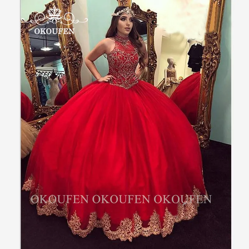 Red Красное платье Quinceanera Роскошные бусины-стразы аппликация прозрачный вырез Пышное ТРАПЕЦИЕВИДНОЕ длинное платье для театрализованного представления Пышное Vestido 15 Anos - Цвет: Red