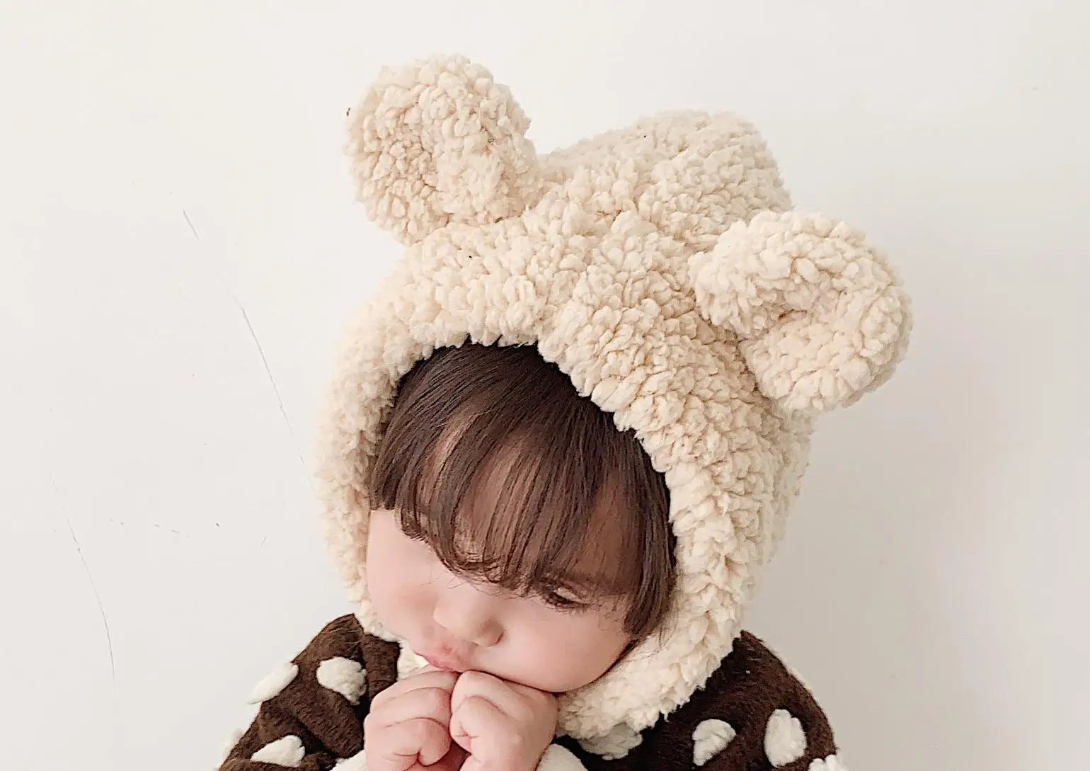 Beige bear Шапка из искусственного кашемира; детская Толстая теплая шапка; сезон осень-зима; вязаная шапка; Детская плюшевая шапка с ушками; реквизит для фотосессии - Цвет: Beige bear