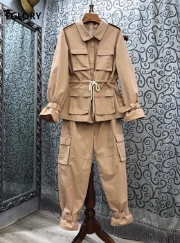 

2020 Autumn Fashion Designer Clothing Sets Women Pocket Patchwork Casual Loose Tops Coats+Calf Length Pants & Capris Sets 2pcs