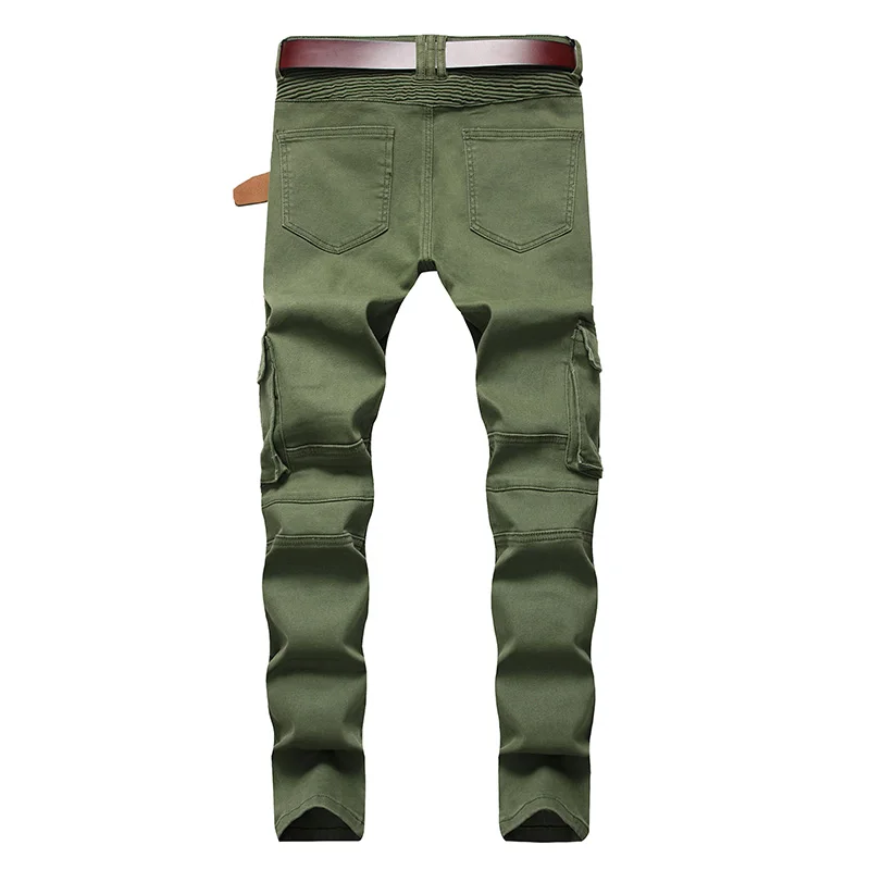 Mcikkny Fashion Mens Biker Jeans Pants Multi Pockets Motorcycle Denim Trousers For Male Army Green (8)