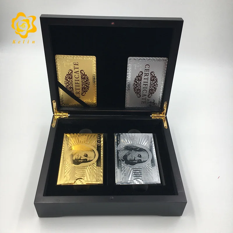 100USD-3 Двойные игральные карты pokers доллар США/мозаика/евро банкнота/фунт/Дубай 5 типов в роскошной двойной деревянной коробке с сертификатом - Цвет: 100USD-3