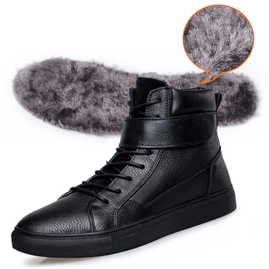 Brand Hot Sale Winter Working Shoes Comfortable Genuine Leather Men Plush Warm Boots High Top Sneakers - Цвет: Black with Fur