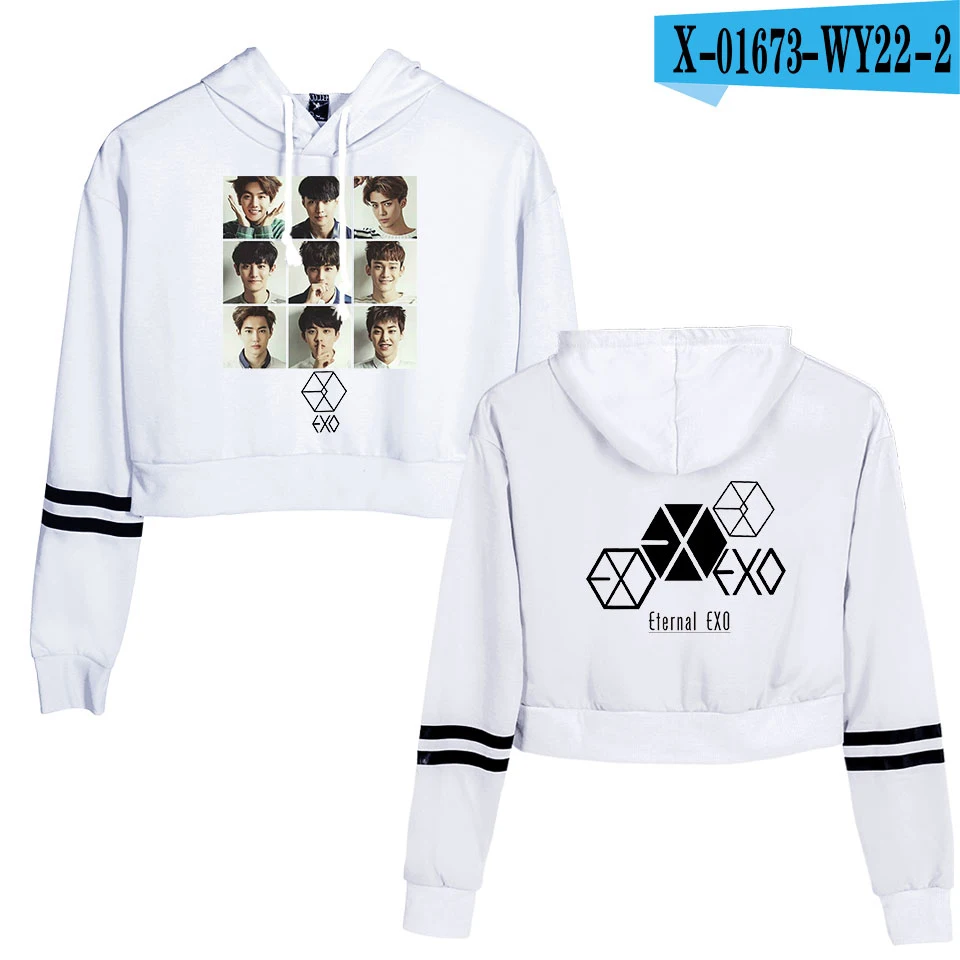 KPOP EXO PLANET#5 альбом Сексуальная укороченная Толстовка для женщин корейский EXO идол группа вентиляторы поддержка уличная EXO Kpop с капюшоном топы женские - Цвет: white