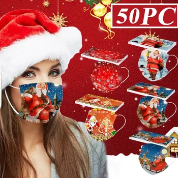 

50pcs Adult Male And Female Masks Three-layer Filter Protection Anti-smog Dust-proof And Warmth Santa Pattern Printing Mask