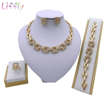 

Liffly Indian Jewelry Sets for Women Crystal Necklace Earrings Bracelet Ring African Wedding Bridal Dubai Jewelry Sets