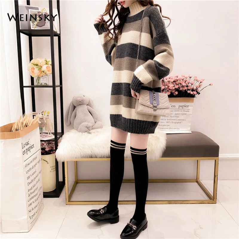 

Women Striped Knitted Sweater And Pullovers Korean Fashion Casual Style Turtleneck Sweaters 2019 Autumn And Winter New Tops