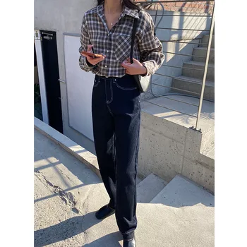 

Long Sleeve Linen Shirt Female 2020 Autumn New Style Sense of Design Non-mainstream Plaid Shirt Korean-style Loose Sun-resistant