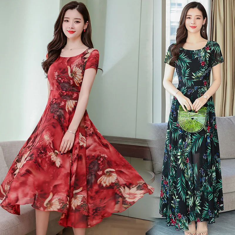

Elegant Slim Fit Floral Printed Dress Slimming Short Sleeve Crew Neck Long Skirts Summer Waist Hugging Skirt Women's