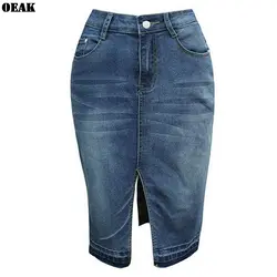 Oeak плюс размер джинсовая юбка 2019 элегантная женская тонкая Сексуальная Передняя джинсовая юбка Женская высокая талия модные юбки-карандаш