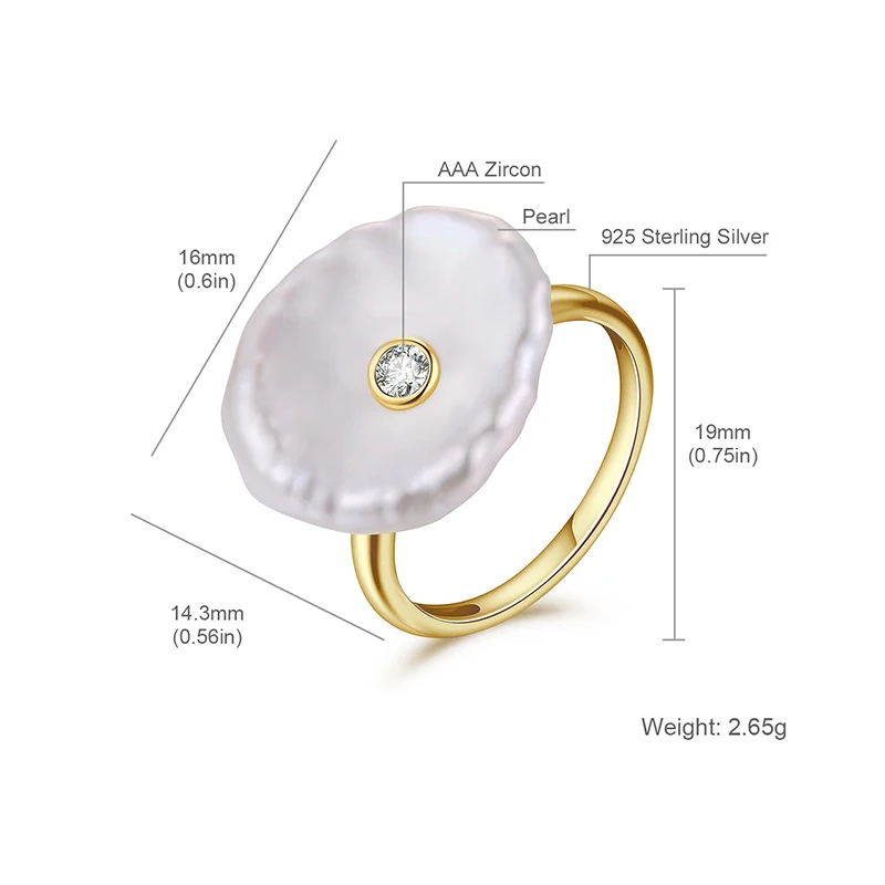 Hongye Natural Freshwater Pearl Ring 925 Sterling Silver for Women
