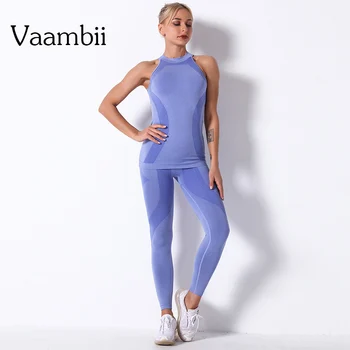 Stripe Sport Vest Leggings Set Seamless Yoga Suit For Fitness Women's Knitted Sports Suits 2021 Two Piece Sports Clothing 1