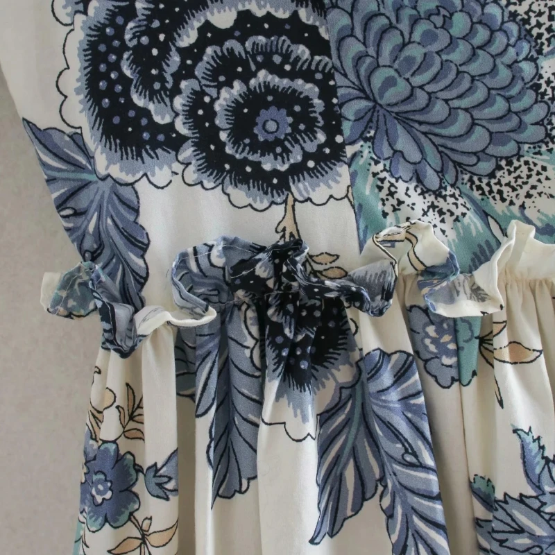 Women Flower printing Three Quarter sleeve dress Casual Femme Square Collar Dresses Lady Loose Clothes Vestido D6380