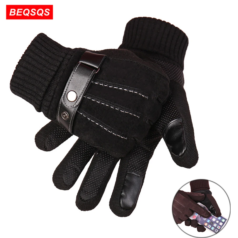 

BEQSQS Winter Autumn Men Leather Gloves Touch Screen High Quality Male Mitten Thicken Warm Solid Men Business Glove Black/Coffee