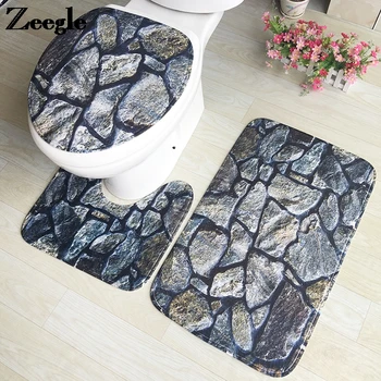 

Zeegle Geometry Printed 3D Soft Flannel Sponge Toilet Carpet 3 Piece Set Toilet Seat Cover Mat Water Absorption Bath Floor Mat