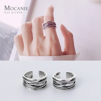 

Mocanie Retro Couple Adjustable Finger Ring for Men Women Real 925 Sterling Silver Geometric Twist Cross Line Ring Fine jewelry