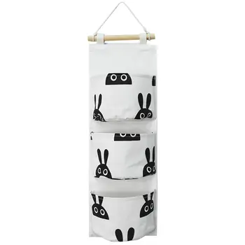 

Hanging Storage Bag Black White Pattern Cotton Linen Home Storage Bag 3 Pockets Wall Mounted Wardrobe Hang Bag Wall Pouch Cosmet