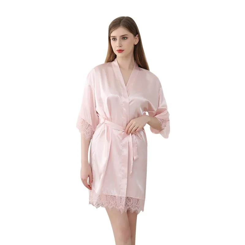 

Women Sexy Thin Silk Lace Robes V-Neck Bathrobe Medium Knee-length Pure Color Lace Three-quarter Sleeve Dressing Gown Women