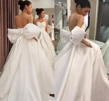 

2019 White Simple Designed Satin Wedding Dresses Big Bow Sash A Line Backless Sweetheart Western Bridal Gowns
