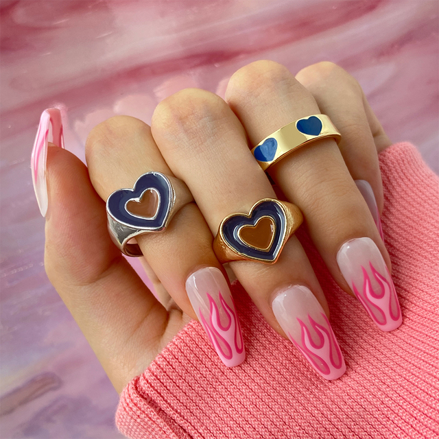 Heart Y2K Ring Set Open Cooper Rings For Women Candy Color Hand-painted Knuckle Rings Jewelry