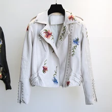 FAKUNTN Spring Autumn Floral Print Embroidery Faux Leather Jacket Women High Street Motorcycle Black Punk Outerwear Biker Jacket