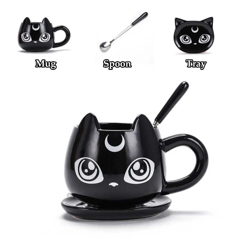 Baratos 2019 nuevo creativo gato negro tazas de cerámica para niños desayuno leche tazas de dibujos animados Oficina por la tarde té taza de café con bandeja