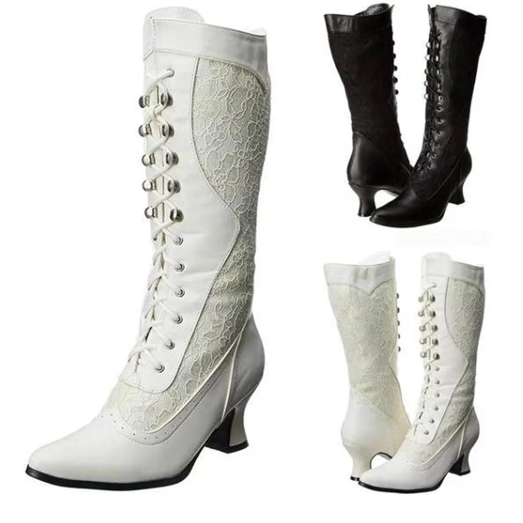 Новинка; зимние женские ботинки на высоком каблуке; модная винтажная кожаная обувь на шнуровке; обувь с острым носком; сапоги средней длины на молнии сбоку