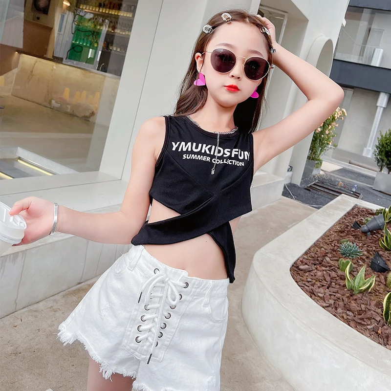 

Children's Clothing Girls Letter Tanks Top Vest High Waist Cross Tie Shorts Cotton Denim Pants Summer Suit Hiphop Kids Tracksuit