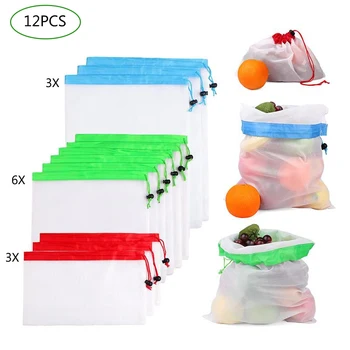 

12PCS Vegetables Fruits Reusable Mesh Bag Reusable Produce Bag Large Medium Small Supermarket Shopping Tough Eco Bag Drawstring