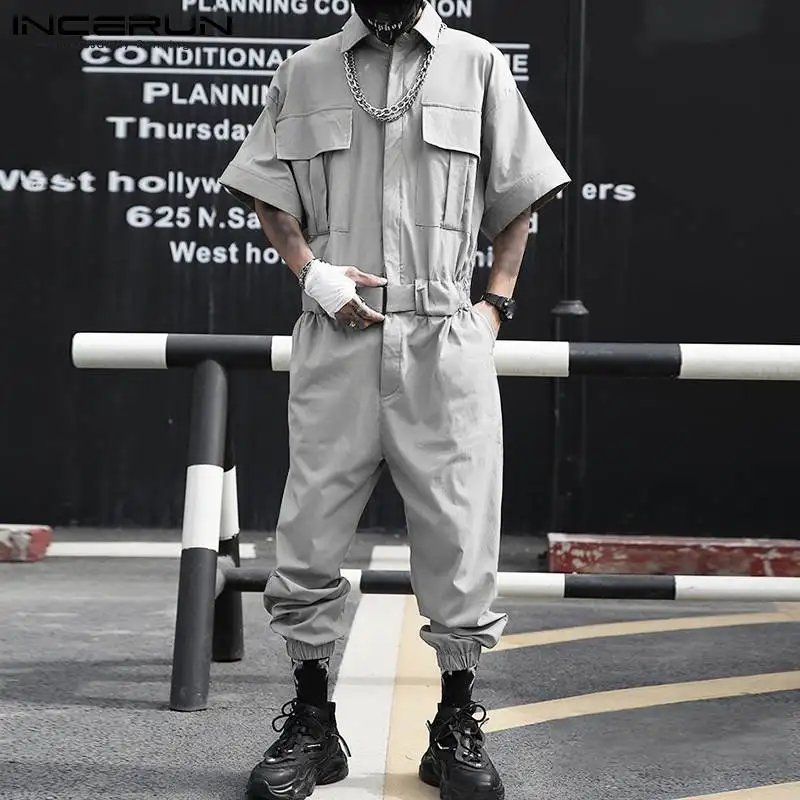 Tute Cargo da uomo pantaloni tinta unita 2022 Streetwear risvolto  pagliaccetti Casual tasche multiple moda uomo sciolto tute INCERUN  7|Overalls| - AliExpress