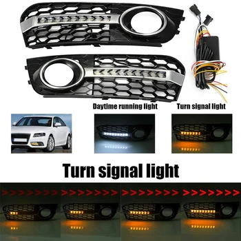 

Honeycomb Hex Mesh Fog Light Cover Grille Grill with Flowing Led Turn Signal Light Daytime Running Light for A4 B8 2009-201