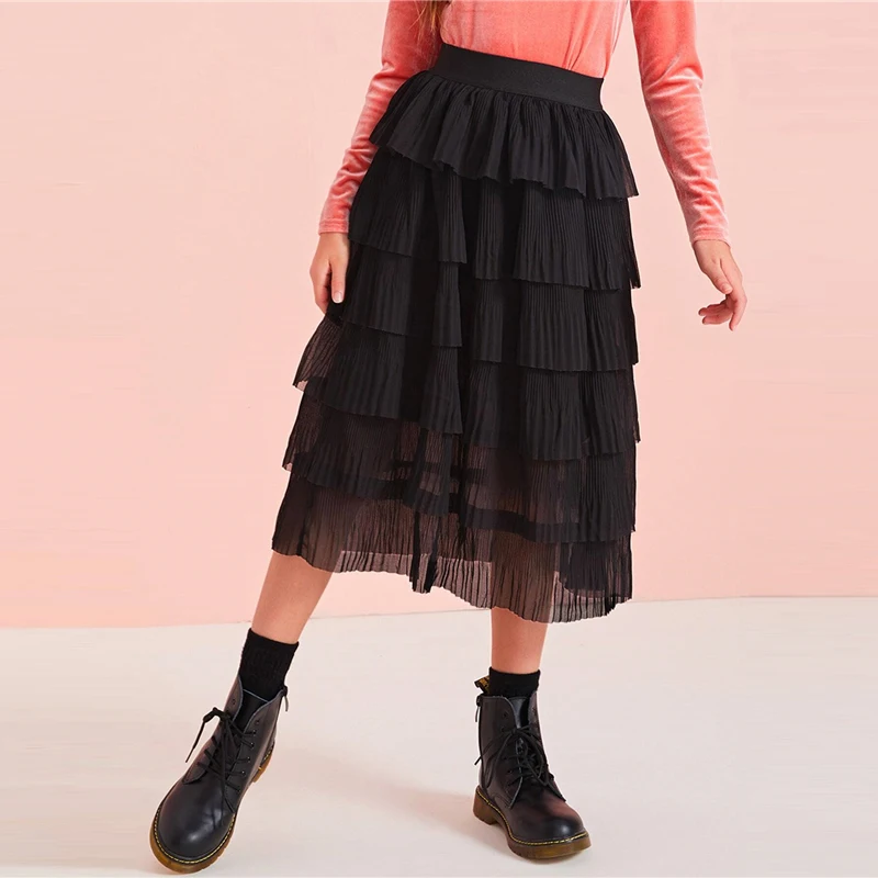 SHEIN Kiddie/черная плиссированная многослойная юбка с оборками для девочек, детские штаны года, осенняя шифоновая плиссированная юбка средней длины с высокой талией для детей