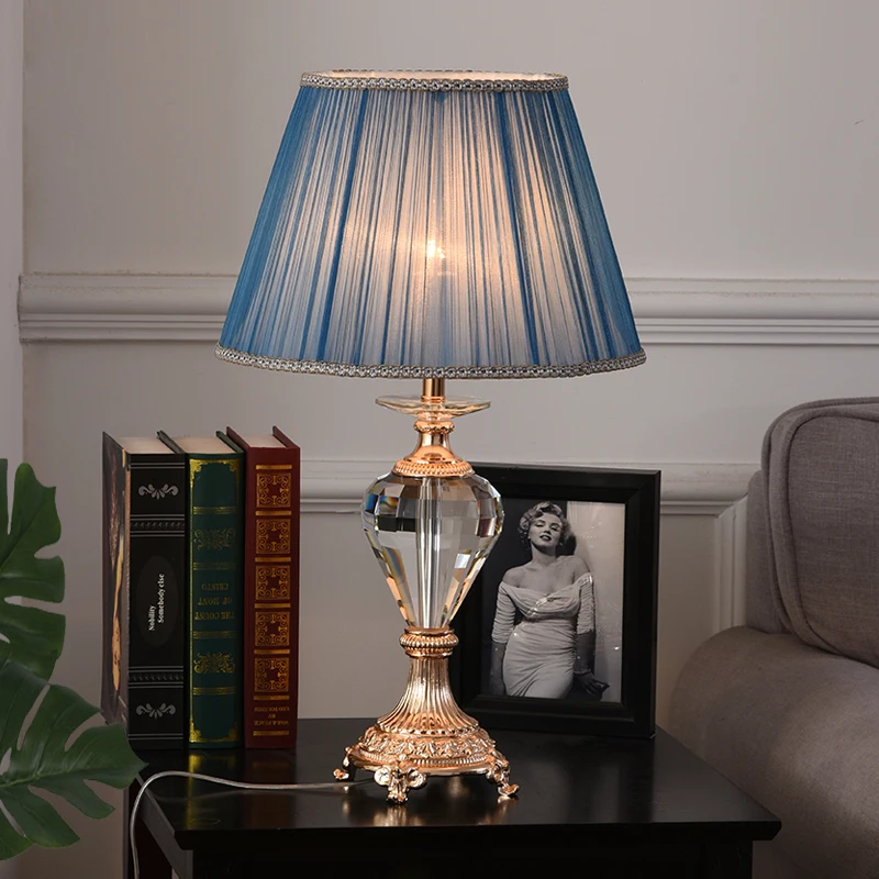 

OURFENG Modern Table Lamp Crystal Blue Bedside LED Desk Light Luxury Decorative for Home Foyer Bed Room Office Hotel Study