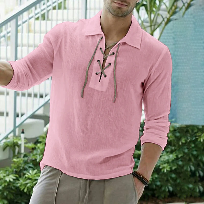 

Plus Size Mens V-Neck Slim Fit T Shirt Man Solid Color Casual Daily Tee Tops Male Long Sleeve Lace Up Tops T Shirts Four Color