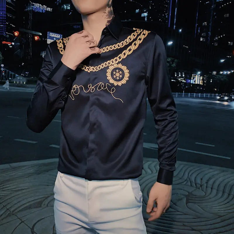 Gold Print Luxury Men Shirt Casual Slim Fit Long Sleeve Male Dress Shirts Club Work Vintage Tuxedo Shirt Camisa Social Masculina
